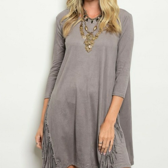 Dresses & Skirts - Gray Suede Fringe Dress